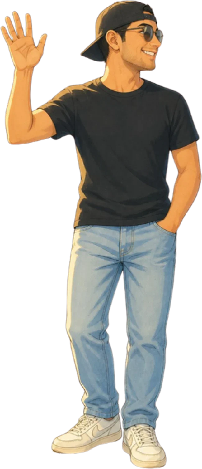 Painted illustration of James in a backwards cap, waving